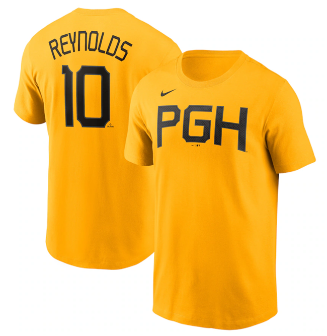 Men's Pittsburgh Pirates #10 Bryan Reynolds Gold 2023 City Connect Name & Number T-Shirt